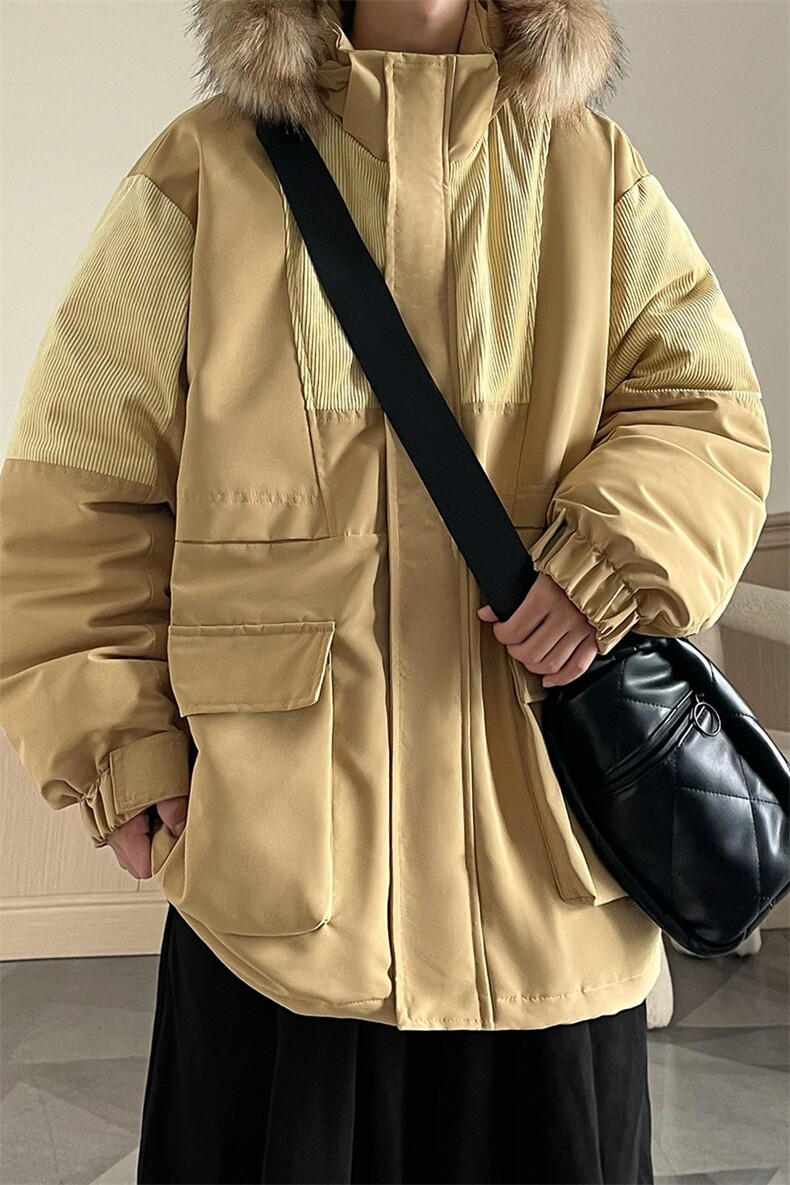 港风2025新品冬季宽松撞色棉服派克服毛领冬装加厚外套D009-P145,男装棉衣,星座717