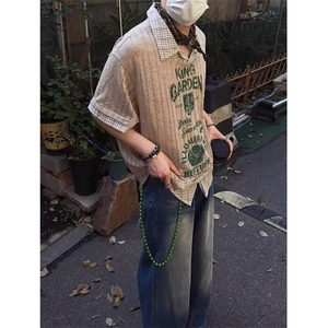 夏季美式复古字母涂鸦POLO领假两件罩衫短袖T恤上衣潮 T749图片