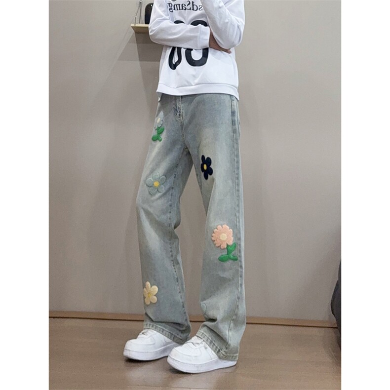 B221美式ins高街暗黑毛巾绣宽松直筒牛仔裤LK25497-特P45控89,男装牛仔裤,电商B221