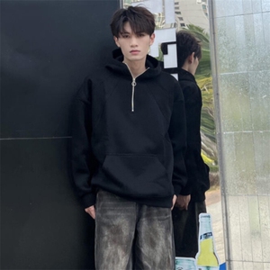 抖音得物二开 美式重磅宽松结构拉链设计防风高领连帽卫衣外套W76图片
