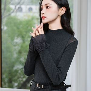 情花子轻熟优雅风蕾丝拼接针织衫女修身打底衫黑色长袖上衣图片