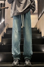 特批P40无差价夏秋衔接水洗褶皱阔腿牛仔裤男潮直筒拖地长裤N9076，男装牛仔裤，电商A001-1