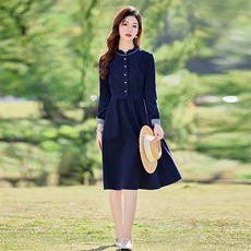 藏青色灯芯绒超火连衣裙女2025春秋新款气质名媛收腰显瘦休闲长裙，女装连衣裙，水衣源