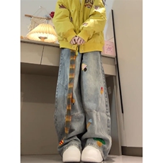 美式高街复古立体刺绣配腰带阔腿牛仔裤男女显瘦直筒弯刀拖地裤潮，男装牛仔裤，电商A486
