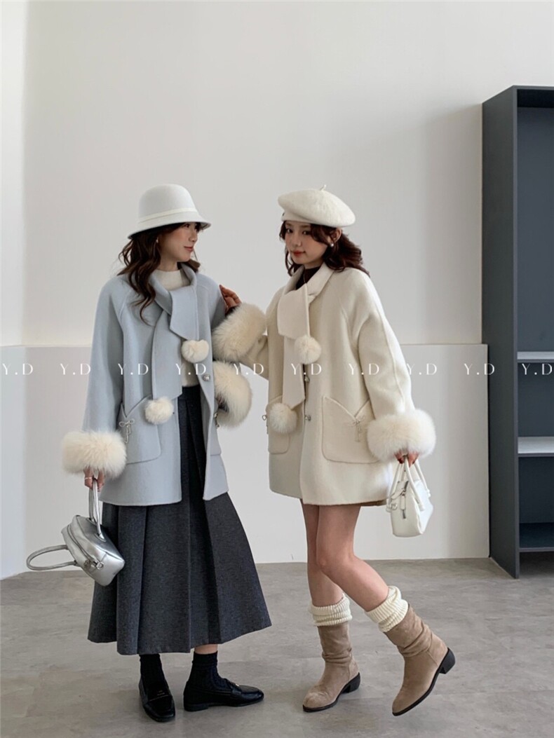 围巾领高级感氛围感小个子羊毛外套(配可拆卸袖毛)(含，女装双面呢大衣，依嘟服饰