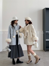 围巾领高级感氛围感小个子羊毛外套(配可拆卸袖毛)(含，女装双面呢大衣，依嘟服饰