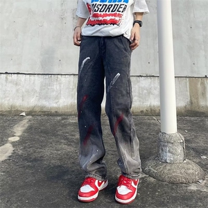 秋嘻哈美式复古高街泼墨宽松直筒休闲牛仔裤长裤裤子男AMX120P40