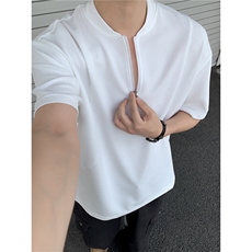 华夫格半拉链短袖T恤男夏季潮牌美式解构cleanfit宽松内搭打底衫，男装T恤，电商A233-1