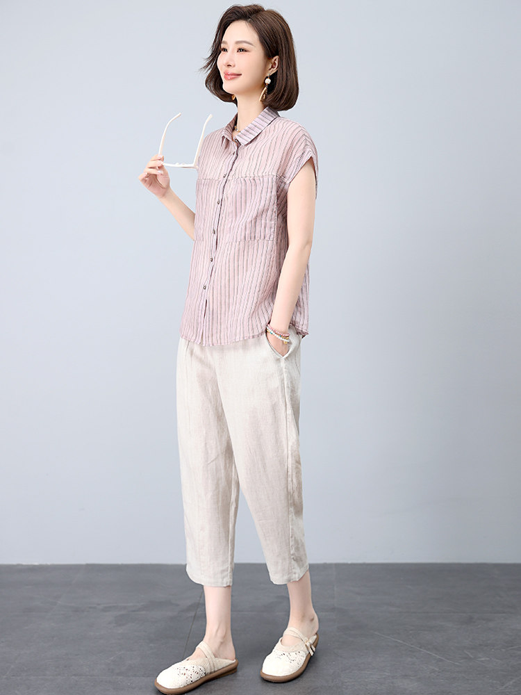 时尚套装女2025年新款夏装搭配一整套洋气减龄妈妈棉麻裤子两件套,女装套装/套裙,江忆布依