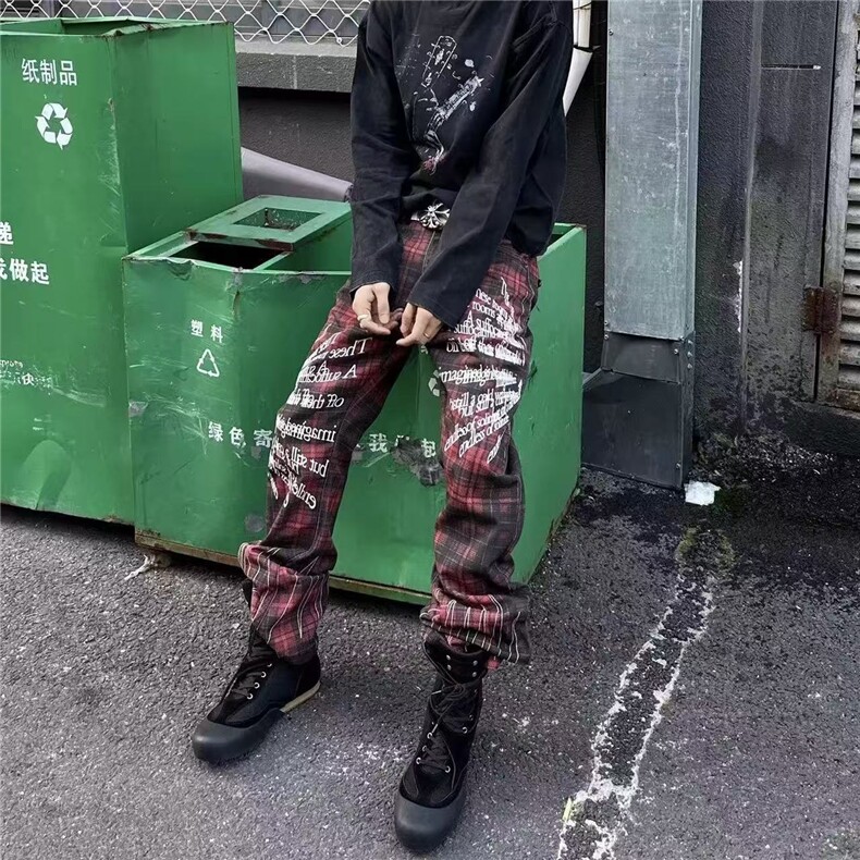 男女接头朋克风直筒长裤格纹撞色拼接宽松阔腿牛仔裤HB5104P47,男装牛仔裤,星座1112-1