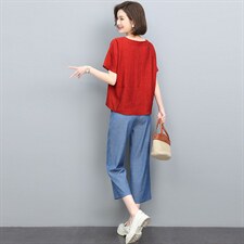 天丝上衣女夏2025新款中年妈妈宽松圆领红色短袖T恤休闲洋气小衫，女装套装/套裙，涵誉