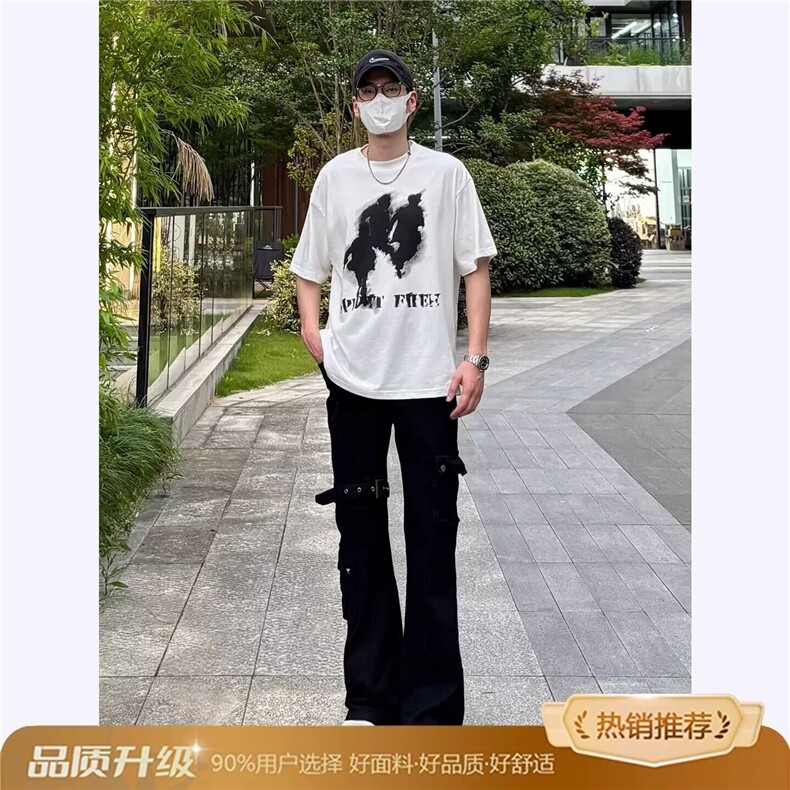 白色美式高街工装牛仔裤男秋季修身vibe绑带裤子显高显瘦微喇长裤,男装牛仔裤,四季星座505