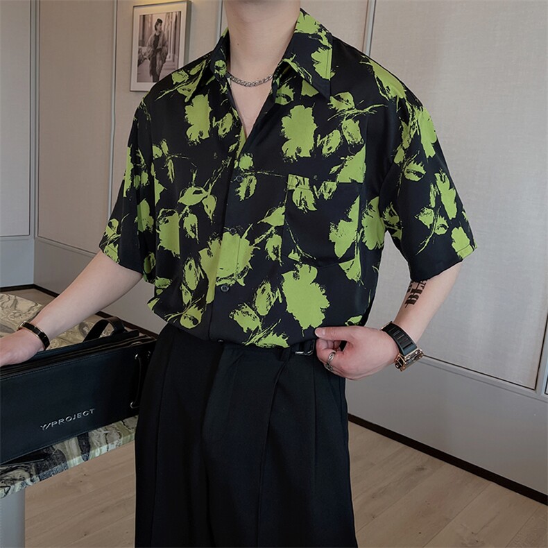 夏季韩版ins痞帅短袖印花衬衫男宽松垂感高级衬衣潮CS810-P55控75图片