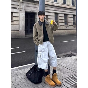 美式复古水洗翻领外套男春秋潮牌cleanfit短款痞帅工装夹克图片