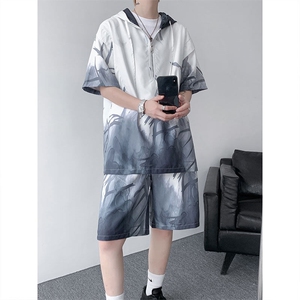 TZ770-特批50 控98 速干简约渐变色扎染冰丝T恤男装休闲短袖套装图片