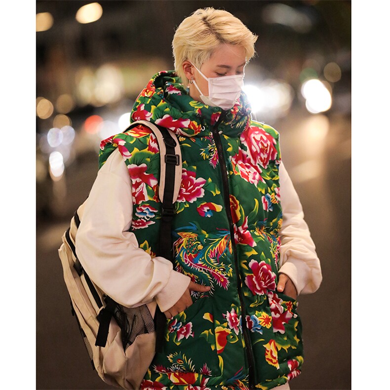 M4风东北大花棉马甲外套大码宽松秋冬汉服外衣坎肩背心连帽,女装马甲,星座115A(原星座507）