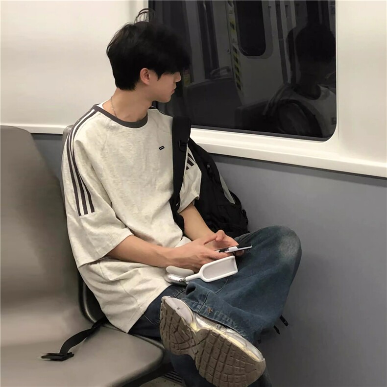 抖音得物品质夏季美式高街纯棉三条杠织带男女短袖T恤ZD588特25,男装T恤,电商A486-1