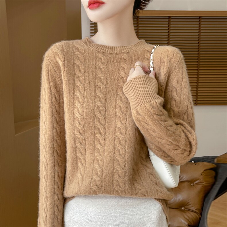 2025年秋季时尚百搭通勤简约加厚圆领绞花，女装羊毛衫，大美人包芯纱店