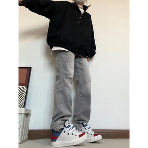 B221美式高街水泥灰弹力直筒牛仔裤LK24146-P60控79 加绒P70控99图片