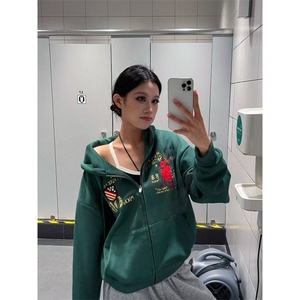 2025美式绿色连帽卫衣女秋新款毛巾绣加厚宽松开衫外套JK6013图片