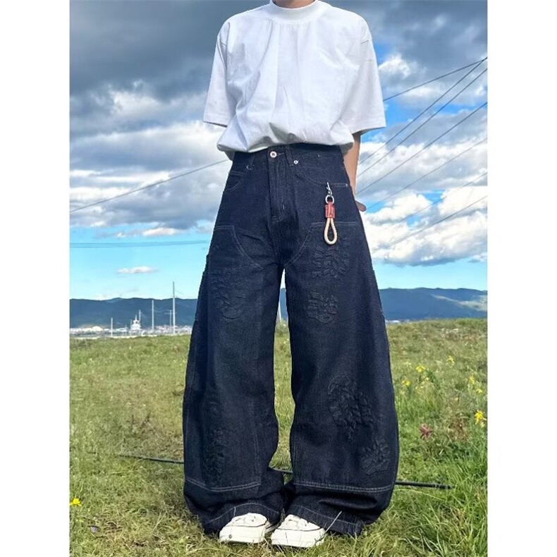 美式复古水洗做旧牛仔裤男女直筒宽松潮牌痞帅阔腿拖地弯刀裤子图片