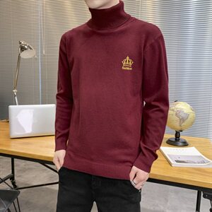 秋冬可翻高领毛衣男皇冠纯色长袖男刺绣毛衫打底针织衫黑M253P33图片