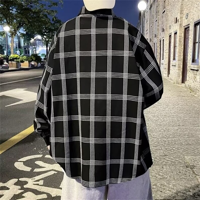 格子衬衫男春秋薄款高级感衬衣港风痞帅复古宽松免烫外套G034/P34,男装衬衫,星座506