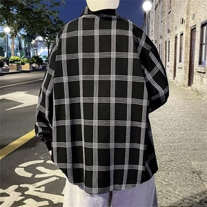 格子衬衫男春秋薄款高级感衬衣港风痞帅复古宽松免烫外套G034/P34图片