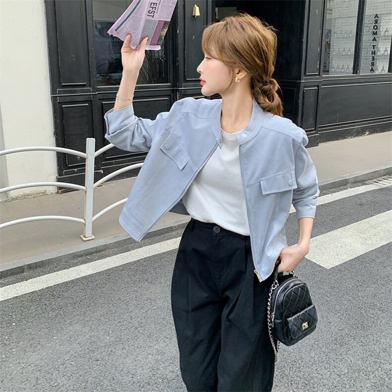 日常休闲风蓝色短款麂皮绒外套女春秋超火好看高级感小众夹克上衣,女装短外套,2C301