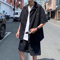 套装男夏季新款潮牌短袖简约宽松衬衣港风痞帅衬衫外套W2622-P55，男装休闲套装，星座412-3