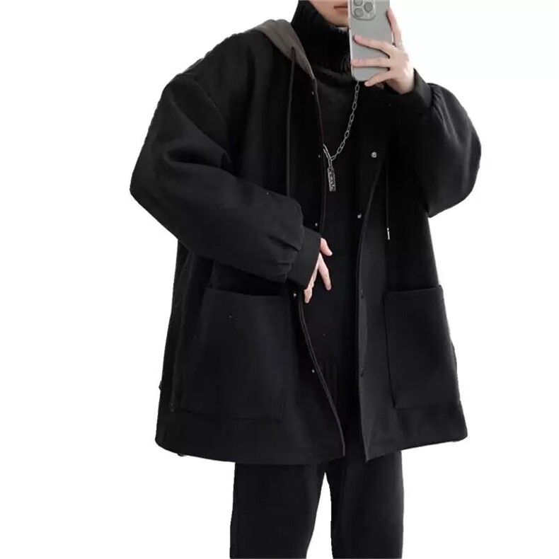 W01意式加厚毛呢大衣男英伦风假两件连帽外套中长款知识分子风衣,男装风衣,星座308A-1（原309B-1）