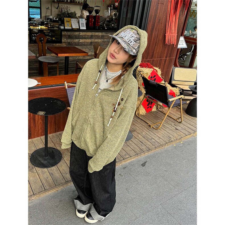 W11055-P55网图现货春季新款美式复古设计感针织连帽开衫外套,女装短外套,星座1608