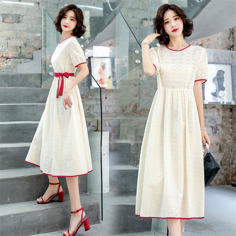 2021夏季新款时尚气质减龄撞色拼接圆领系带收腰显瘦修身连衣裙，女装连衣裙，艾尚靓装