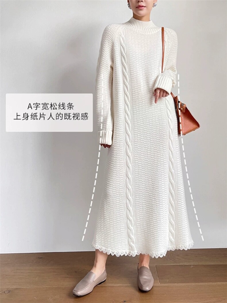 2025年秋季手钩边插肩麻花长裙,女装连衣裙,木淼羊绒