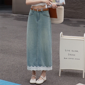 牛仔半身裙女春秋2025新款小个子高腰a字中长款浅色开叉包臀裙子图片