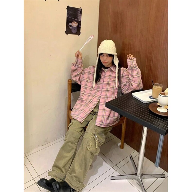 TC553-P45森系甜美粉色格纹衬衫女宽松休闲显瘦中长款衬衣开衫,女装衬衫,星座617A-2
