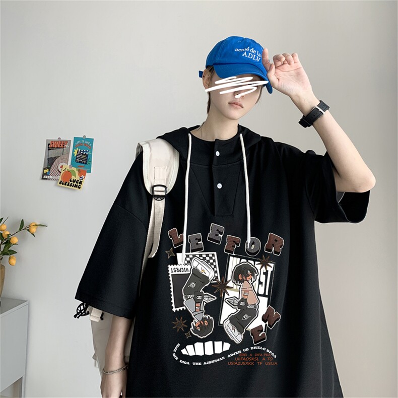 夏季港风冰丝宽松连帽短袖t恤五分体恤上衣TLM329-P40控58,男装T恤,电商B370