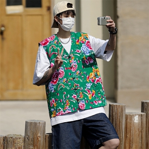MJ03大花休闲男士风盘扣马甲大码花坎肩团队服喜庆婚礼服潮男图片