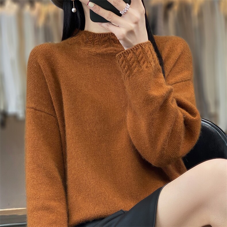 秋冬新款100%纯羊毛衫女半高领麻花加厚毛衣百搭羊绒打底针织衫,女装羊毛衫,吉高羊绒