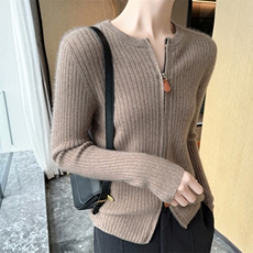 2025年秋季新款十二针坑条针织羊绒开衫时尚休闲通勤百搭，女装羊绒衫，高粱穗羊绒