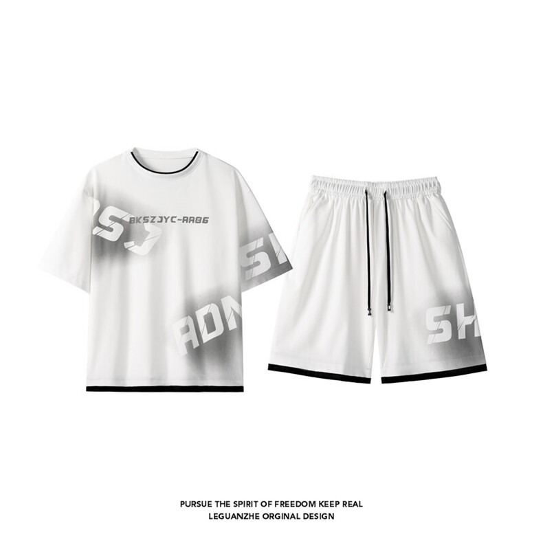 2025夏季新款港风白底大码假两件冰丝套装M-5XHQ25443-P65,男装休闲套装,电商A022