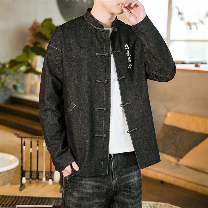 秋装风牛仔唐装潮民族风龙刺绣复古外套盘扣棒球服JK22/P150,男装民族服装,电商A221A