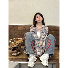 TC563-P45美式复古格子衬衫宽松百搭休闲开衫长袖翻领衬衣潮，女装衬衫，星座617A-2