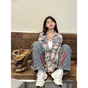TC563-P45美式复古格子衬衫宽松百搭休闲开衫长袖翻领衬衣潮图片