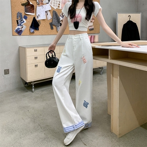 AK2217-P65小熊刺绣格子翻边休闲裤女夏高腰直筒宽松阔腿裤图片