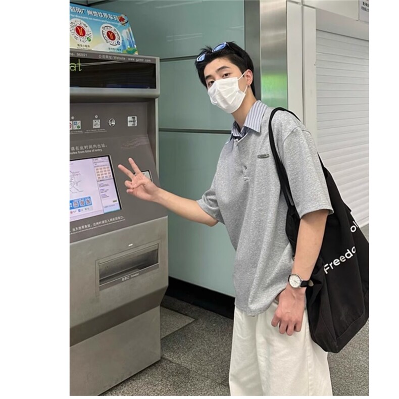 浅灰色假两件t恤男青少年潮牌条纹衬衫短袖polo衫小众设计感7分袖,男装T恤,星座506A
