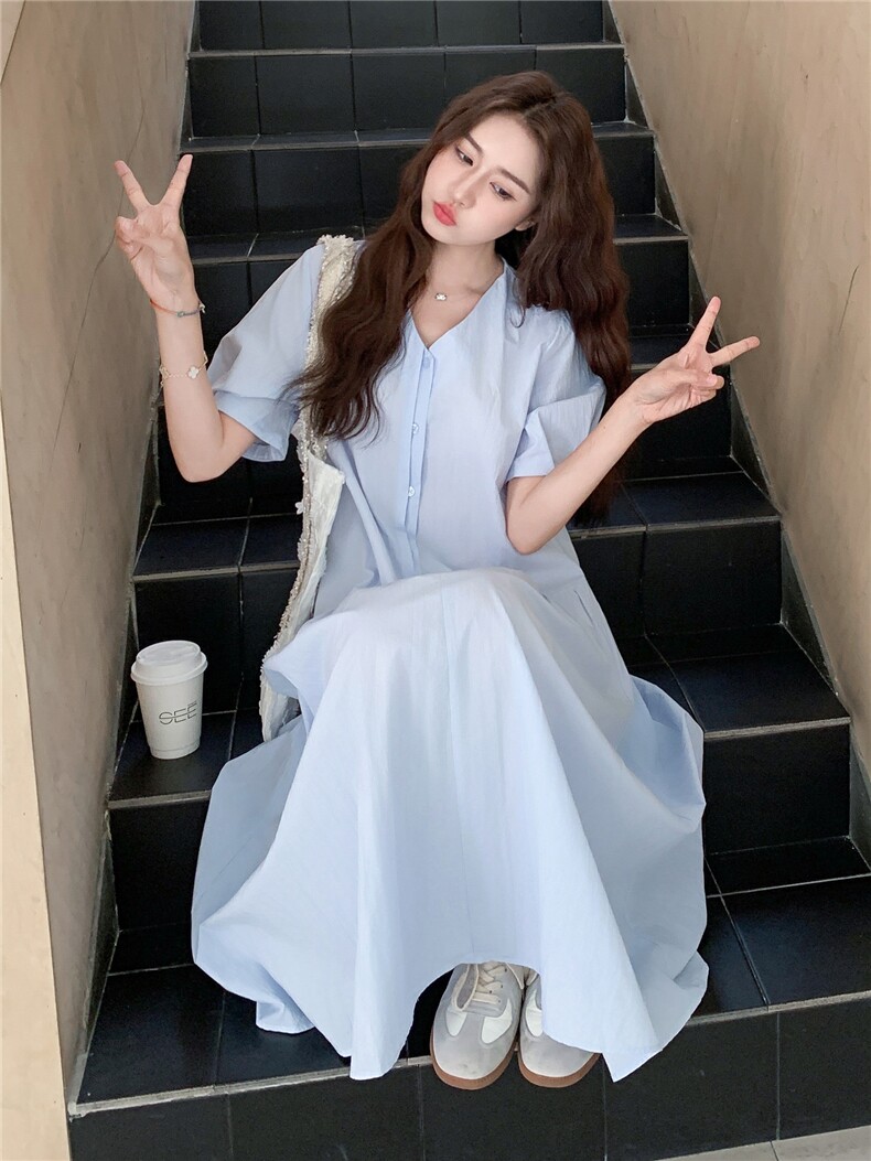 学院风蓝色连衣裙女2025夏季新款韩系小清新甜美减龄小个子衬衫裙,女装连衣裙,慧尚2-185