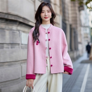 甜美气质撞色毛呢外套女短款2025秋冬新款洋气减龄双面羊毛呢大衣图片