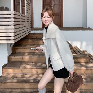 针织翻领白色双面羊绒外套女秋冬超火好看高级感加厚毛呢夹克上衣图片