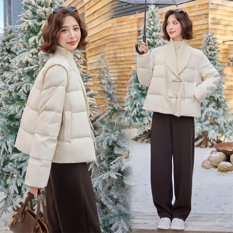 短款羽绒服女2024冬季新款超好看千金小香风粉色针织拼接保暖外套,女装羽绒服,雅静靓衣
